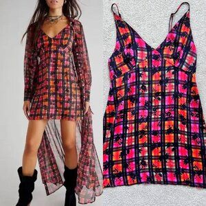 Free People Jerra Slip Dress – Pink Plaid & Floral Mini – Size XS